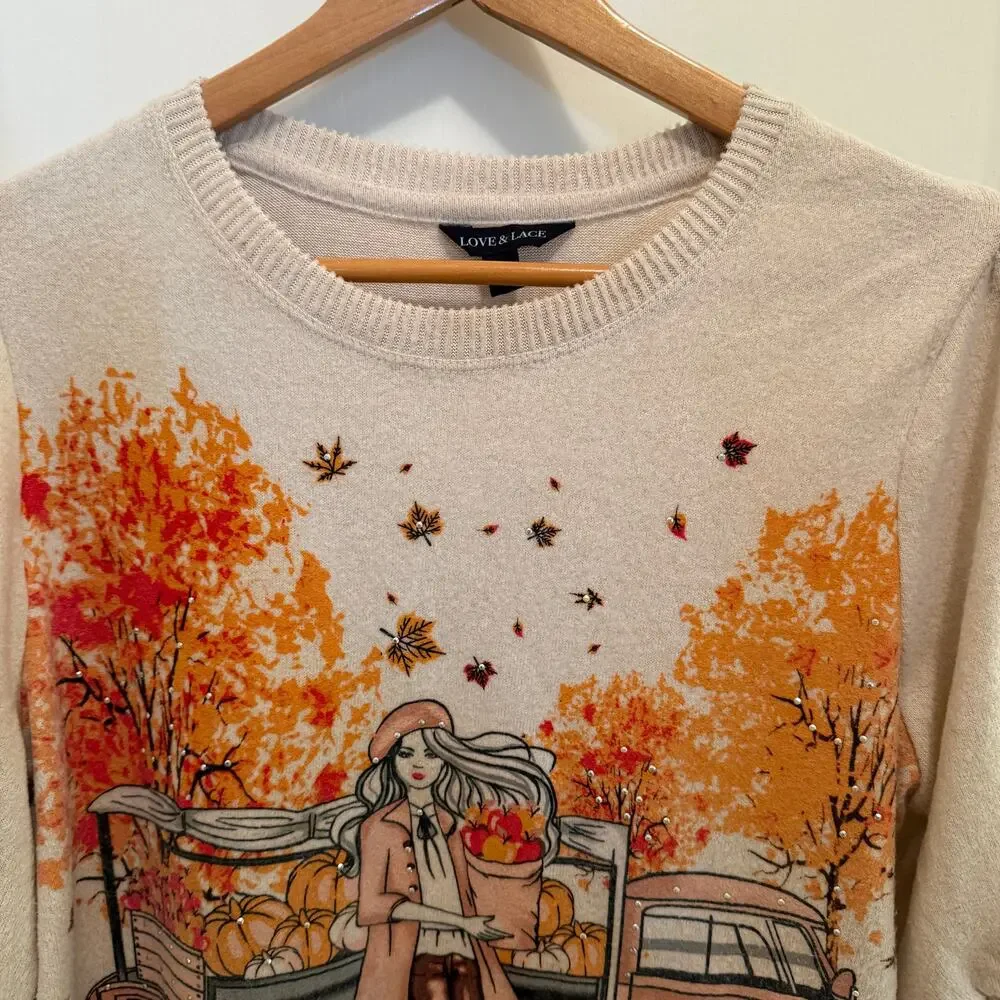 Parisian Fall Cottagecore Graphic Sweater Womens S Autumn Pumpkin Farmers Market